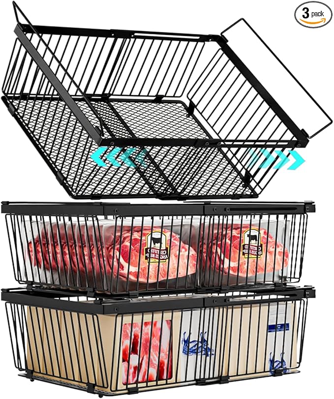 ANJUBAN Large Freezer Organizer Bins，Upgraded Bottom Leak-Proof net，Fit 10 to 20 Cu.Ft Deep Freezer，3 Pack， Expandable Stackable Chest Freezer Organizer Bins , for Fridge, Deep Freezer, Cabinet