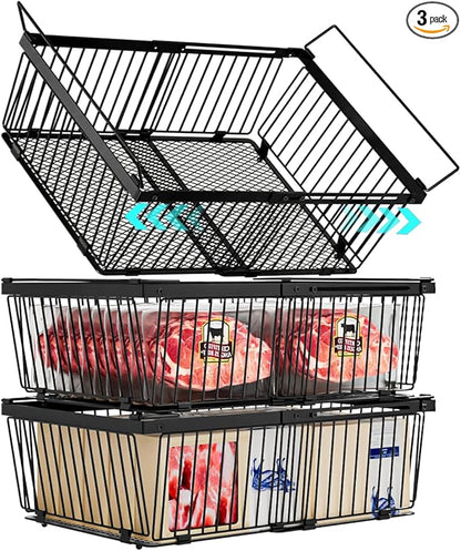 ANJUBAN Large Freezer Organizer Bins，Upgraded Bottom Leak-Proof net，Fit 10 to 20 Cu.Ft Deep Freezer，3 Pack， Expandable Stackable Chest Freezer Organizer Bins , for Fridge, Deep Freezer, Cabinet