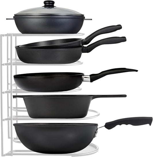 Extreme Matters Heavy-Duty Pots and Pans Organizer | 5-Tier Cookware & Lid Storage Rack | Free-Standing or Wall-Mount | Kitchen Organizer for Cast Iron Skillets, Pots, Frying Pans, Lids | White