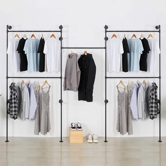 Industrial Pipe Clothes Rack, Heavy Duty Detachable Wall Mounted Black Iron Garment Bar, Clothing Store Display Stands Garment Rack Closet System (125.5 x 93.7inch)
