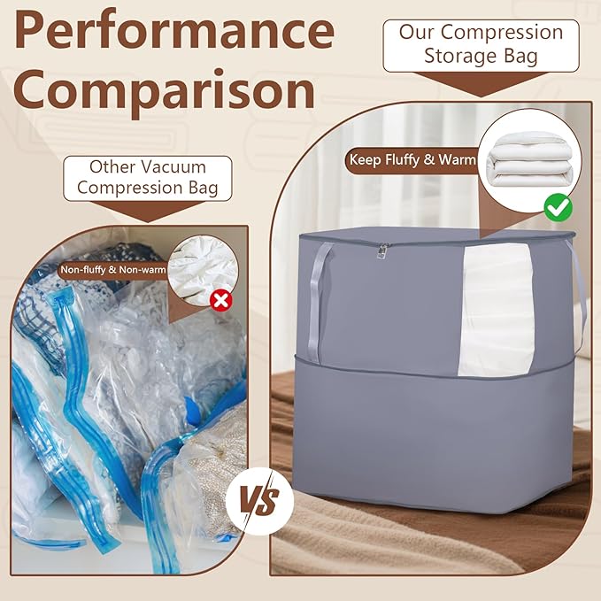 Compression Storage Bags for Down Comforters, Foldable Reusable Organizers for Down Coats, Clothes, Bedding, Blanket, Self Compression Packing Cubes Space Saver Bags with Dual Zipper, 2 Pack 136L Gray