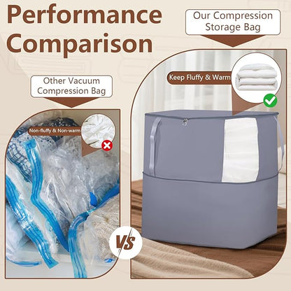 Compression Storage Bags for Down Comforters, Foldable Reusable Organizers for Down Coats, Clothes, Bedding, Blanket, Self Compression Packing Cubes Space Saver Bags with Dual Zipper, 2 Pack 136L Gray