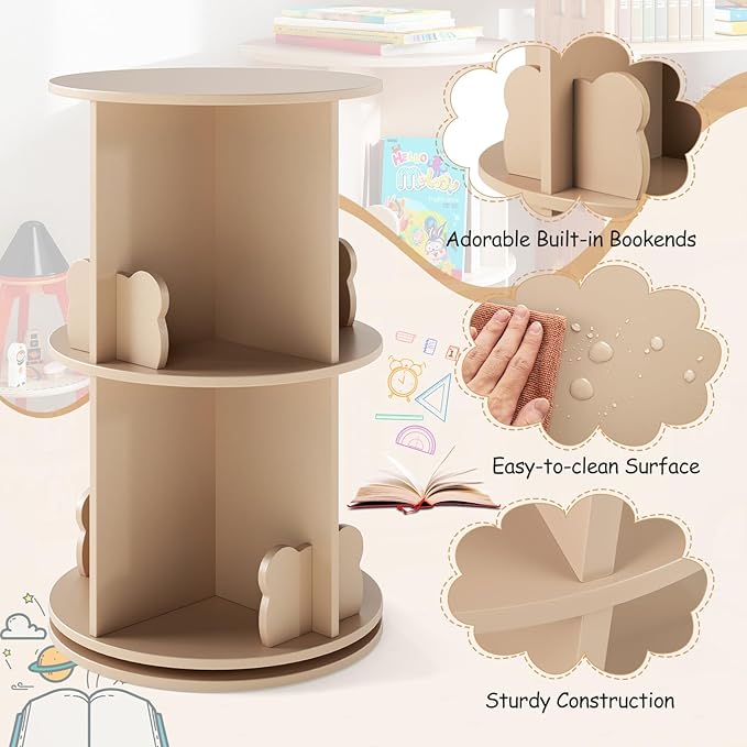 Costzon Kids Rotating Bookshelf, 2 Tier Small Book Shelf with Bookends, 360° Display Spinning Bookshelf Tower, Corner Bookshelf for Small Space, Kids Room, Bedroom, Nursery (Coffee)