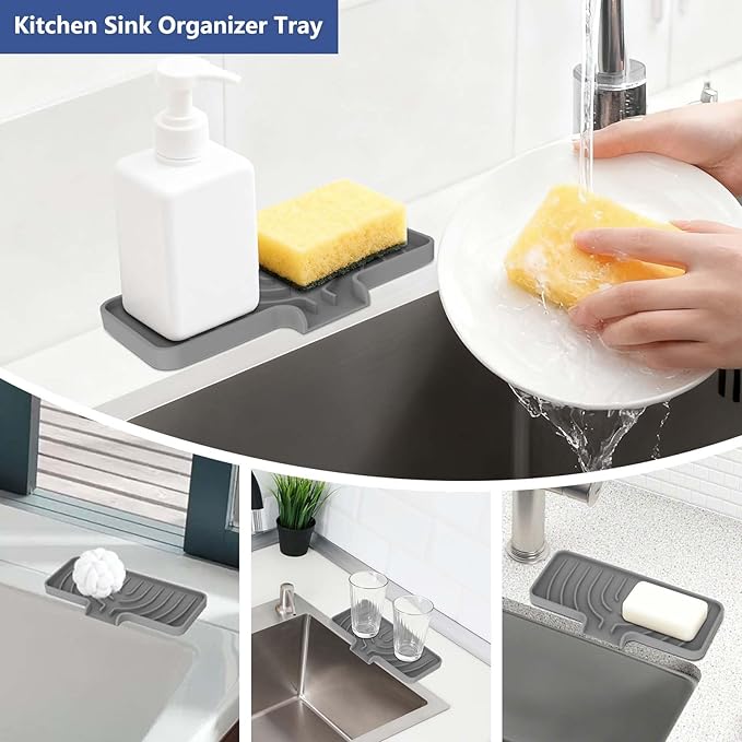 Silicone Sponge Holder for Kitchen Sink With Drain Spout, Self Draining, Kitchen Soap Tray, Bathroom Organizer, Sink Caddy, Perfect for Dispenser, Scrubber, Bottle, Cup on Counter-10"×4" (Grey)