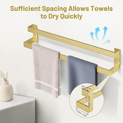 TNOMS Double Towel Bar,Towel Rack for Bathroom Stainless Steel Wall-Mounted Bathroom Hardware Brushed Gold 24 Inch Bathroom Accessories