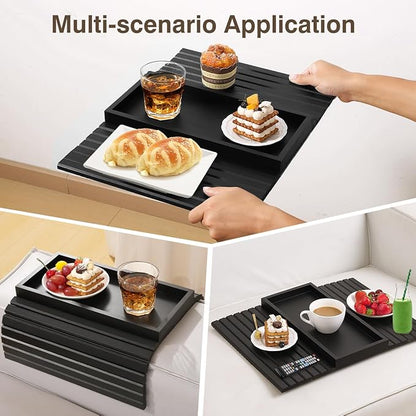 Couch Arm Tray, Bamboo Sofa Table for Couch, Sofa Armrest Tray Table, Anti-Slip Armrest Organizer, Foldable Couch Cup Holder for Snacks, Phone, Control, Cups, Black
