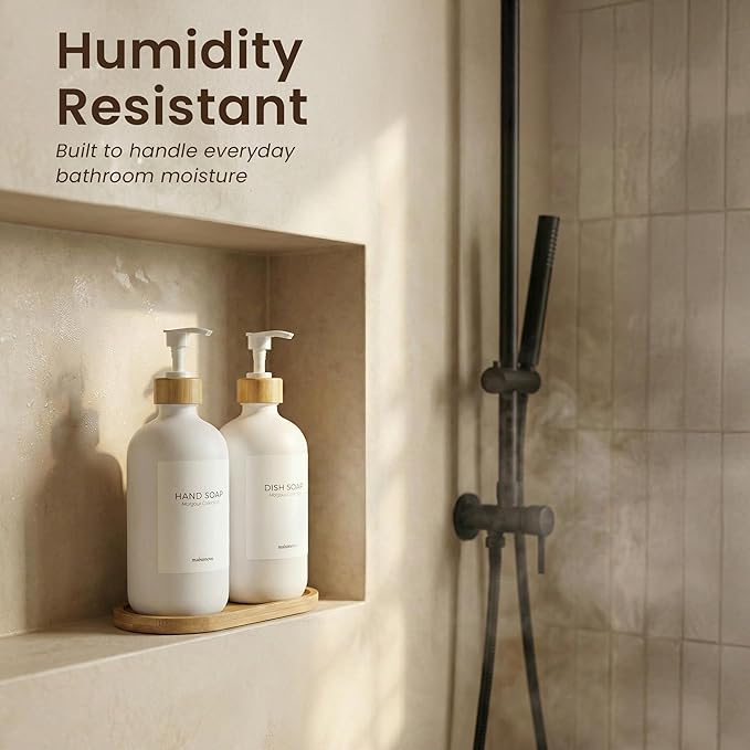 MaisoNovo Glass Soap Dispenser Bathroom Set | Hand Soap and Dish Soap Dispenser Set | 16.9oz White Bottles with White Bamboo Pump | Bathroom Lotion Dispenser with Pump Set of 2