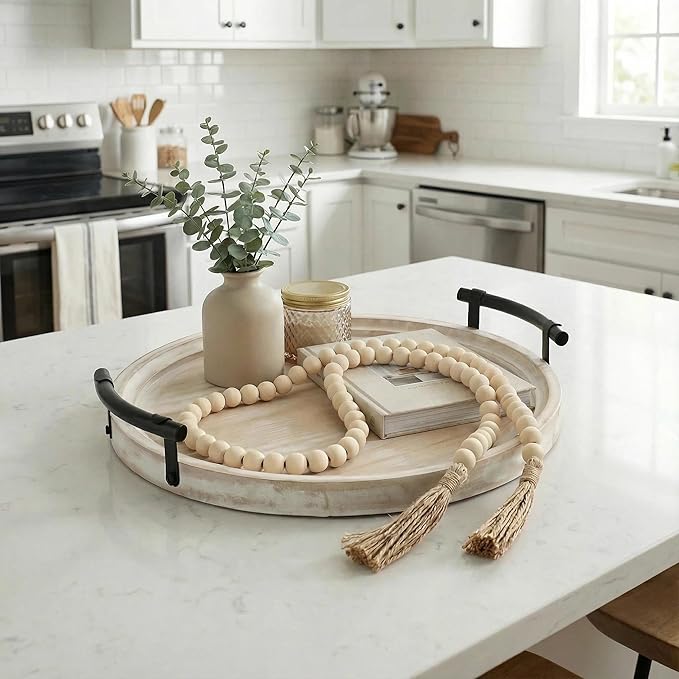 Decorative Round Tray with Bead Garland, 13 Inch Whitewashed Farmhouse Coffee Table Centerpiece, Wooden Decor Tray with Handles for Kitchen Island & Entryway
