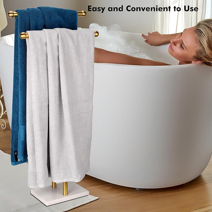 Standing Towel Rack Double-T Shape Tall Bath Towel Sheet Holder with Marble Design Base for Bathroom 2 Tier Towel Holder Stand Stainless Steel (Brushed Gold)
