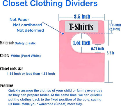 16 Pack White Clothing Rack Size Dividers Plus 45 Labels (1 Inch) and 18 Large Blank Labels, Large Rectangular Clothing Closet Dividers (Pink)