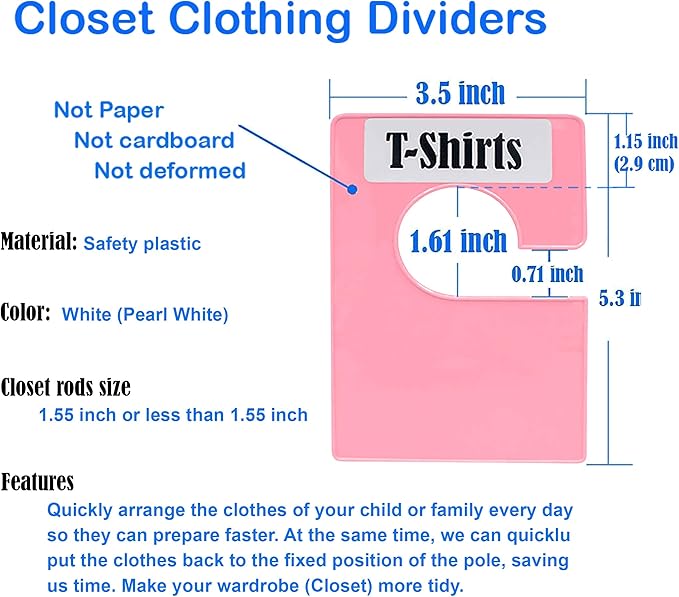 32 Pack White Clothing Rack Size Dividers Plus 75 Labels (1 Inch) and 30 Large Blank Labels, Large Rectangular Clothing Closet Dividers (Pink)
