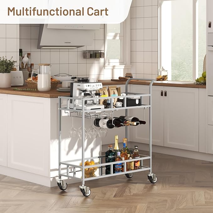 TrailBlaze Silver Mirrored 2-Tier Bar Cart with Wheels – Portable Beverage & Wine Serving Trolley, 4 Bottle Racks & 3 Glass Holders – Modern Metal Design for Home, Kitchen, Dining, Living Room