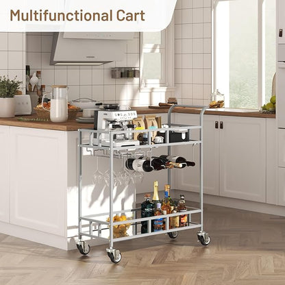 TrailBlaze Silver Mirrored 2-Tier Bar Cart with Wheels – Portable Beverage & Wine Serving Trolley, 4 Bottle Racks & 3 Glass Holders – Modern Metal Design for Home, Kitchen, Dining, Living Room