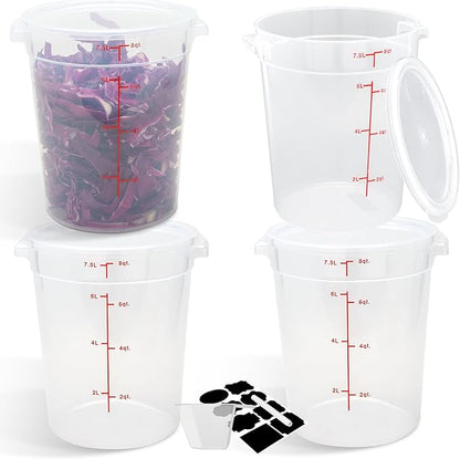 BIEAMA 4 Pack Round Food Storage Containers with Lids, 8Qt Translucent Commercial Food Container, Polypropylene, BPA Free, Includes Labels & Measuring Cups
