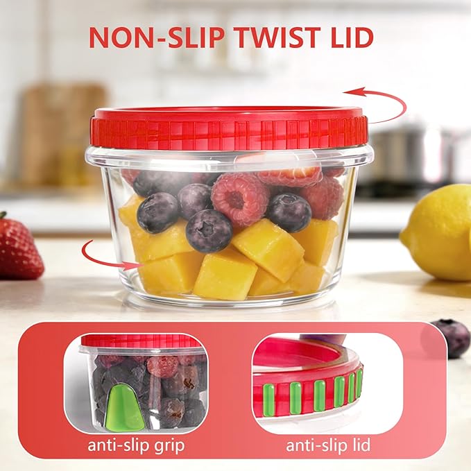 Slomg 10 Pack 16 oz Freezer Storage Containers with Red Twist Top Lids, Small Plastic Food Storage Soup Meal Prep Containers, Leakproof Overnight Quart Containers for Lunch Leftover Fruit Salad Oat