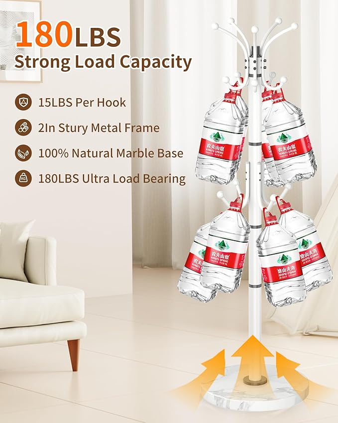 Modern Coat Rack Stand, 360° Rotary Metal Freestanding Coat Rack with Natural Marble Base, White Coat Racks and Coat Hanger Tree Jacket Stand with 14 Hooks for Office, Entryway, Hallway