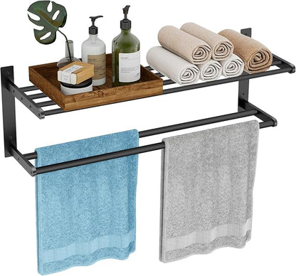 Bathroom Towel Rack 24", 2 Tier Towel Racks for Bathroom Wall Mounted, Bathroom Shelf with Double Towel Bar, Stainless Steel Towel Storage for Bathroom Lavatory Towel Holder Hanger, Black