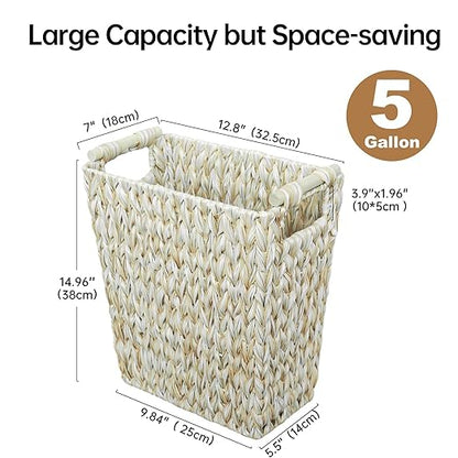Endymion Wicker Trash Can,Large Narrow Woven Trash Can with Wooden Handles,Boho Decorative Waste Basket for Bathroom,Bedroom,Office,5 Gallon,White