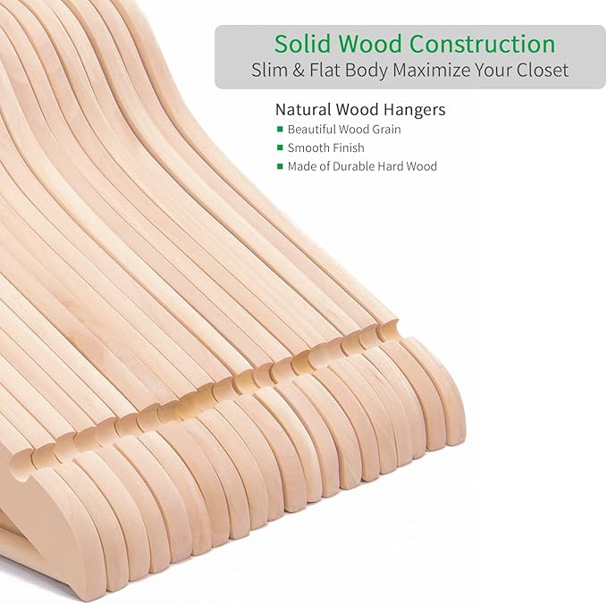 Nature Smile 20 Pack Unfinished Natural Solid Wooden Clothes Hangers Wood Suit Coat Jacket Hanger with Extra Smoothly Cut Notches and Bar - 360°Stronger Rotatable Hook