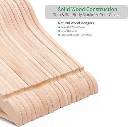 Nature Smile 20 Pack Unfinished Natural Solid Wooden Clothes Hangers Wood Suit Coat Jacket Hanger with Extra Smoothly Cut Notches and Bar - 360°Stronger Rotatable Hook
