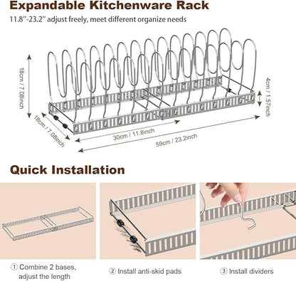 Housolution Pot and Pan Organizer Rack for Cabinet, Stainless Steel Expandable Pot Lid Organizer with 14 Adjustable Dividers, Pot and Pan Holder Rack Storage Organizer for Kitchen, Silver