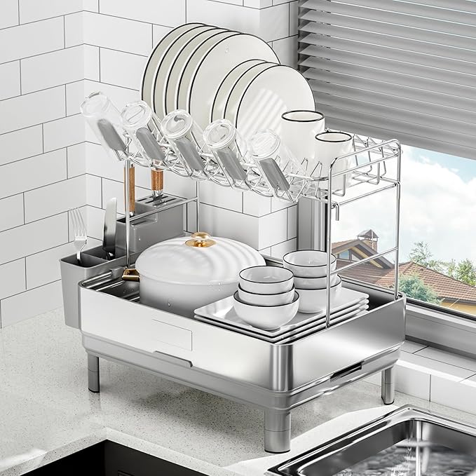 Ewaiira Dish Drying Rack, 2 Tier Large Dish Rack, Stainless Steel Dish Drainer for Kitchen Counter, Dishes Rack with Automatic Drainage, Utensil Holder&Cups Holder,Space Saving Kitchen Organizer,Gray