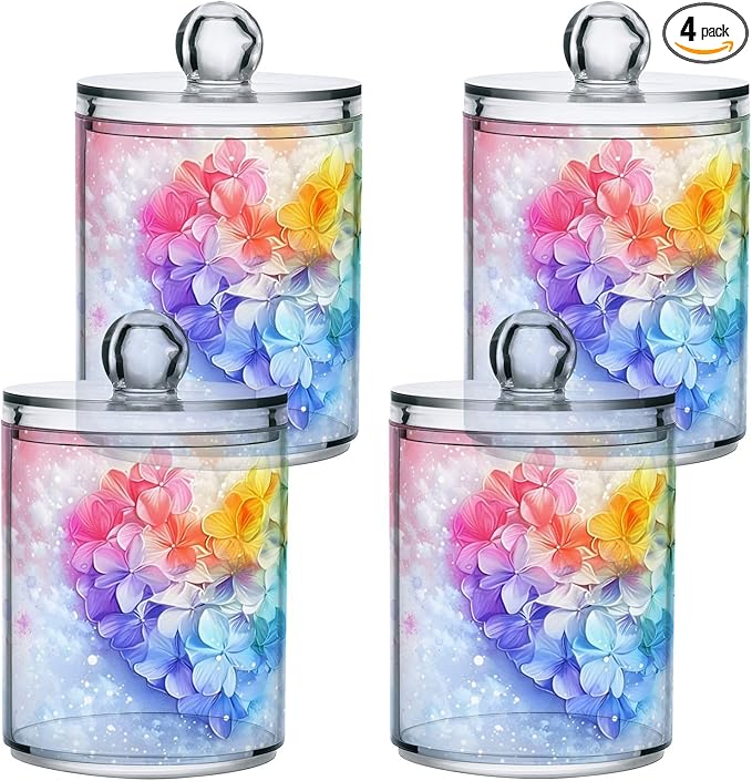 MNSRUU 4 Pack Qtip Holder Organizer Dispenser Pink Hearts Bathroom Containers Bathroom Vanity Storage Canister Apothecary Jars for Cotton Swabs/Pads/Floss
