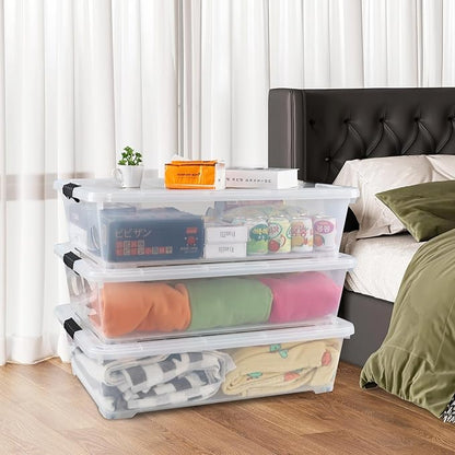 Yesdate 3-Pack 50 Quart Under the Bed Low Profile Storage Boxes, Large Under Bed Storage Bin with Easy Rolling Caster Wheels, Clear