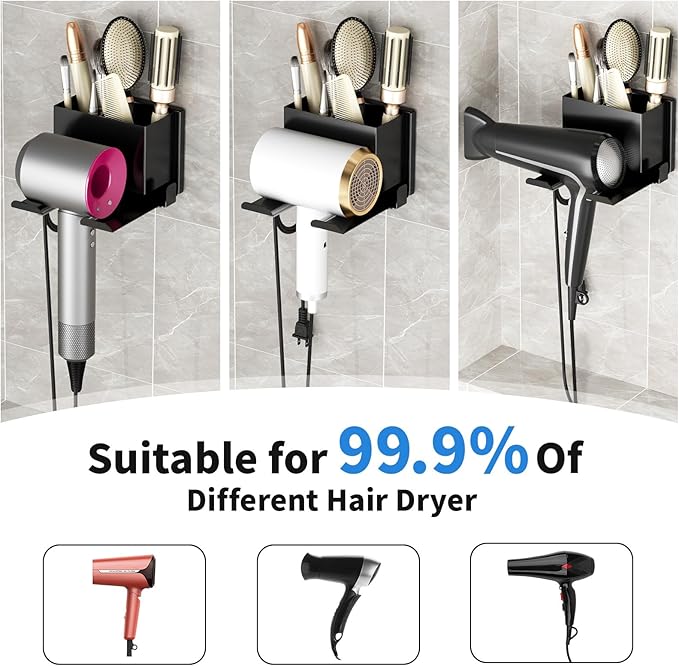 MAYZOLOP Hair Dryer Holder Wall Mounted, Hair Tools Organizer, Bathroom Space-Saving Blow Dryer Organizer Curling Irons Storage Wall Mounted Black (Self-Adhesive and Drilling)