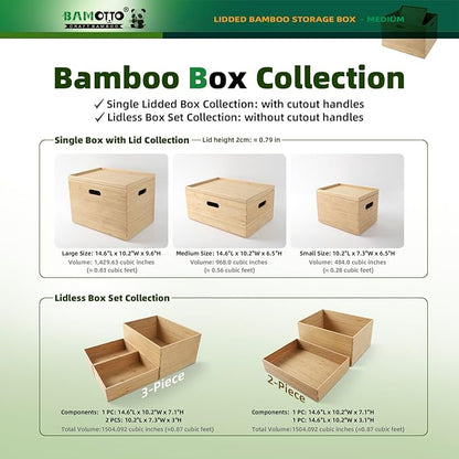 14.6”x10.2”x6.5” Lidded Storage Bins - Stackable Bamboo Box/Cube/Basket with Handles for Home Kitchen Office, Organize Tableware Clothing Toys Books