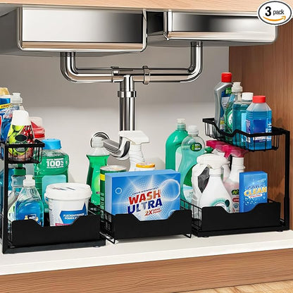3 Pack, Under Sink Organizer 2-Tier with Slide Out Lower Drawer - Metal Pull Out Cabinet Organizer for Kitchen Bathroom, Includes Removable Center Basket & Storage Shelves, Space Saving Design