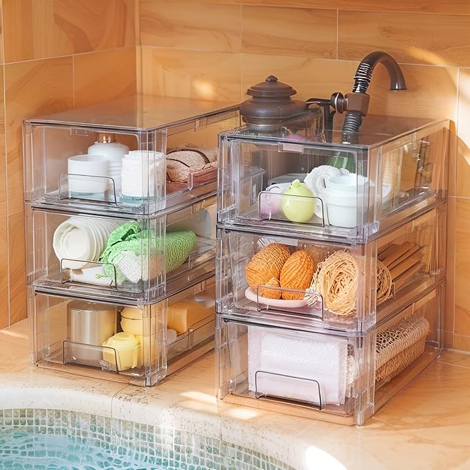 Small Stackable Clear Acrylic Storage Drawers(2 Pack) with Handles,Plastic Organizer Bins for Fridge Bathroom Kitchen Cabinet Pantry Coffee bar Undersink Office Closet Storage Bins
