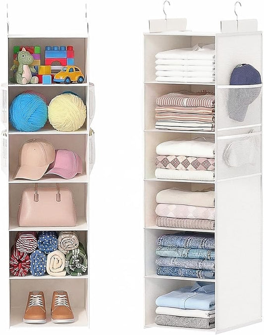 Extra Deep Hanging Closet Organizer with Shelves and Oversized Mesh Pockets, Heavy-Duty Structure, No Deformation, Max Storage for Clothes, Shoes, Hats, Dorms and RVs,1-Pack (White, 6 Tier)