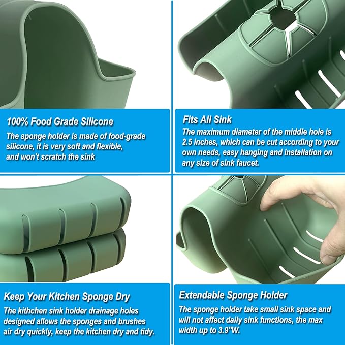 OKeanu Hanging Silicone Sponge Holder for Kitchen Sink, Green