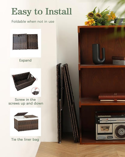 Storage Basket with Lid Rattan Storage Basket with 2 Separate Lid, 27.8 Gallon (105 L) 25.2 * 15.4 * 16.1 Inches Woven Wicker Baskets with 2 Liners and Handles for Bedroom Laundry-Brown