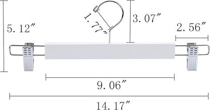 Amber Home 10 Pack 14.17" Solid White Wooden Pant Skirt Hangers, Bottom Hangers for Slacks Trousers Jeans with 2-Adjustable Anti-Rust Clips (White, 10 Pack)