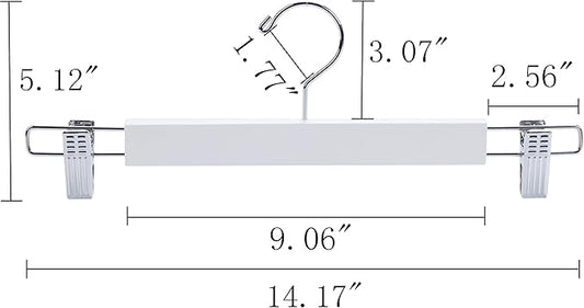 Amber Home 10 Pack 14.17" Solid White Wooden Pant Skirt Hangers, Bottom Hangers for Slacks Trousers Jeans with 2-Adjustable Anti-Rust Clips (White, 10 Pack)