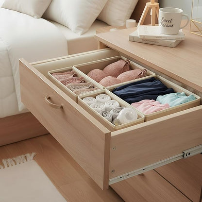 Drawer Organizer Set 4 Pack - Fabric Storage Bins for Underwear Socks Bras Baby Clothes - Closet Dresser Organizers Dividers for Bedroom Nursery, Beige