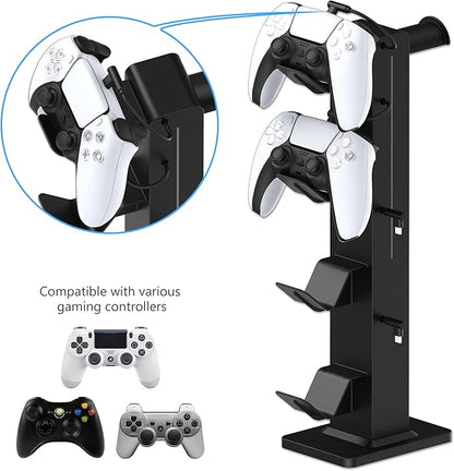 KAFRI RGB Gaming Headphone Stand with 8 Light Modes, Controller Holder for Desk - with Retractable Charger Cable - 2 Outlet Power & 4 Type-C Charging Port for PC Gamer Accessories(Black)