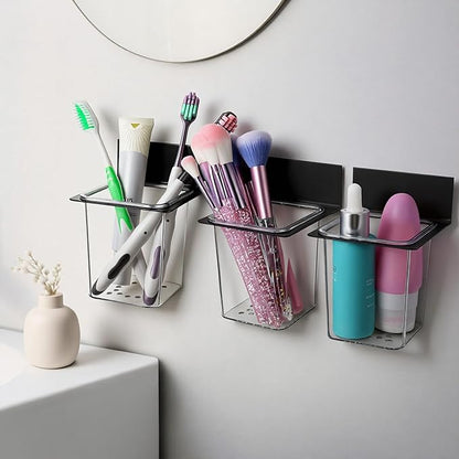 4 Pcs Clear Plastic Toothbrush Holder, Wall Mounted Metal Bracket Bathroom Organizer Set for Toothpaste, Brushes, Razor, Shower Accessories