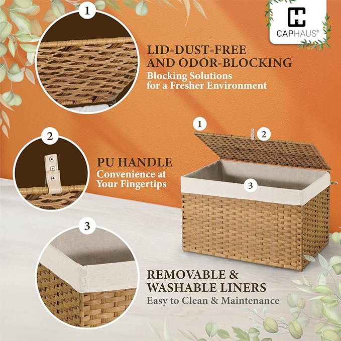 CAPHAUS Laundry Basket with Lid & Handles, Foldable Clothes Hamper, Large 65L Synthetic Rattan Storage Bin with 2 Removable Liner Bags, Collapsible Laundry Hamper, Brown
