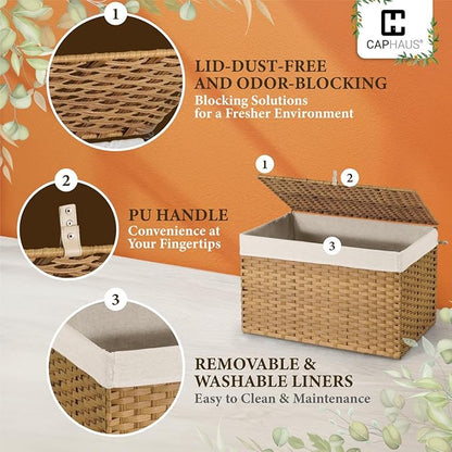 CAPHAUS Laundry Basket with Lid & Handles, Foldable Clothes Hamper, Large 65L Synthetic Rattan Storage Bin with 2 Removable Liner Bags, Collapsible Laundry Hamper, Brown