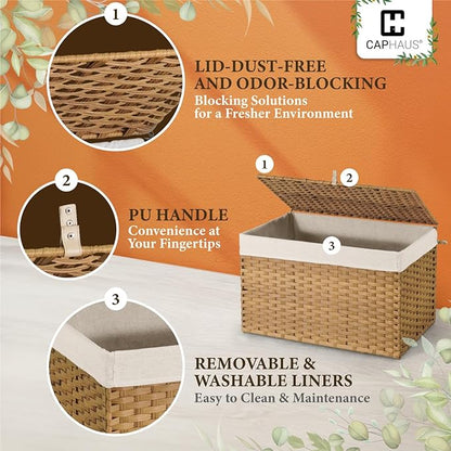 CAPHAUS Handwoven Storage Basket w/Lid and Handles, 2 Removable Liner Bags, Foldable Clothes Basket for Laundry, Large Synthetic Rattan Laundry Basket w/Lid, Laundry Basket w/Lid, 160L, Grey
