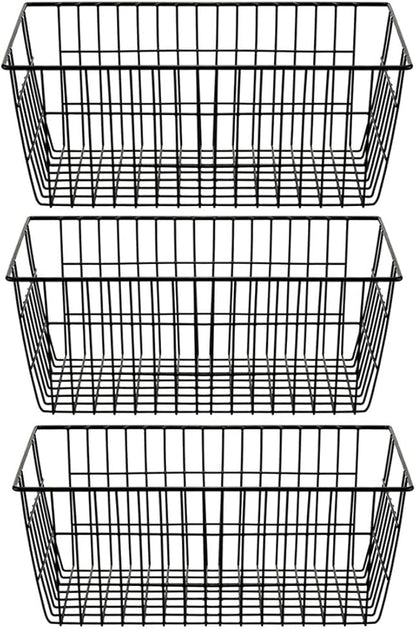 SANNO Freezer Baskets Wire Storage Baskets Closet Baskets Bin Farmhouse Organizer Storage Bins Large Organizer Bins for Home, Office, Bathroom, Pantry Organization Storage -Black Set of 3, 15.7"