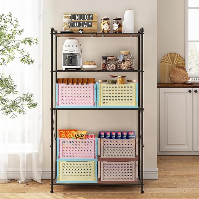 Stackable Plastic Closet Storage Basket, 2 Pack Foldable Closet Organizers and Storage Bins, Decorative Basket for Closet, Shelves, Laundry, Wardrobe Organizing (Khaki Coffee)