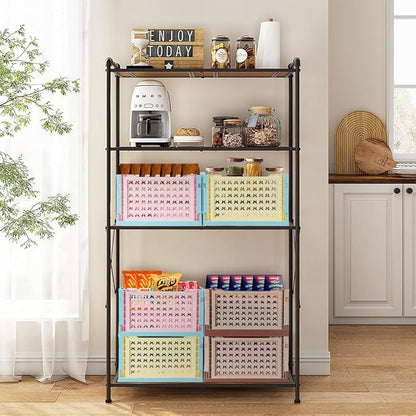 Stackable Plastic Closet Storage Basket, 2 Pack Foldable Closet Organizers and Storage Bins, Decorative Basket for Closet, Shelves, Laundry, Wardrobe Organizing (Khaki Coffee)