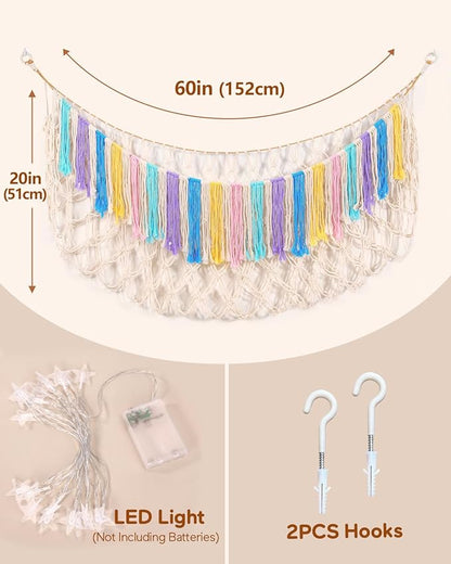 Stuffed Animal Hammock Net with Lights - Xlarge Wall Hanging Stuffed Animal Storage for Plushie Toys and Teddy Bears,Boho Stuffy Hammock for Kids Bedrooms Playroom Nursery