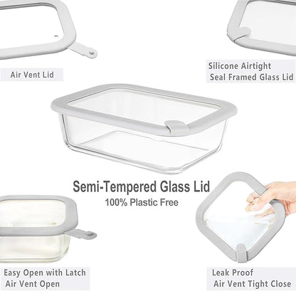 Glass Food Containers with Glass Lid, Microwave Safe Food Storage Container Set, 6 Pack Square Shape, Large Size Airtight Storage Set with Leak Proof Lids, Meal Prep Containers