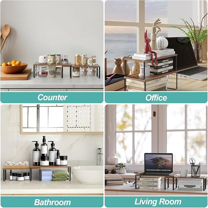 NEX Cabinet Organizer Shelf, Set of 2 Kitchen Counter Shelves, Spice Rack, Stackable Kitchen Shelves Organizer, Pantry Cupboard Dish Mug Cup Storage Shelf, Black and Brown