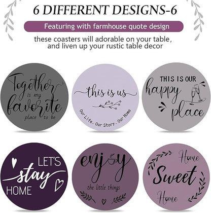 Queekay Coasters Set of 6 House Warming Gifts New Home Wooden Farmhouse Drink Coasters with Holder 4'' Funny Decoration for Kitchen Family Coffee Bar Tabletop Protection(Purple)